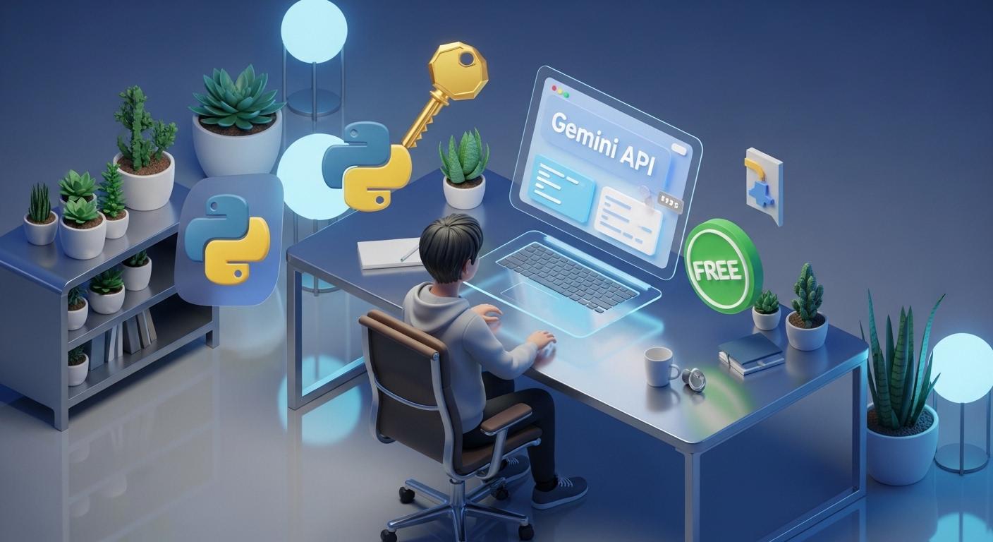 初心者がGemini APIのキーを無料で取得してPython開発を始めるイメージ図