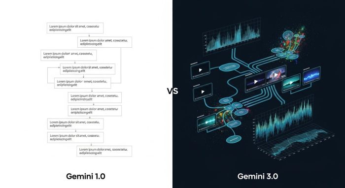 従来モデルとGemini 3.0の機能比較イメージ