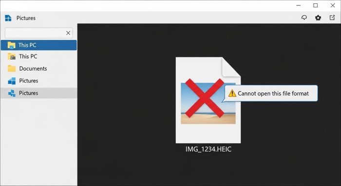 Windows 11でHEICファイルが開けない際のエラー画面イメージ