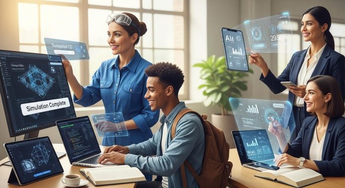 AIを使いこなし笑顔で作業する多様な人々