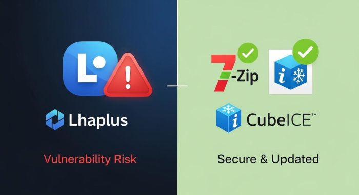 Lhaplusの脆弱性警告と最新ソフトへの移行イメージ