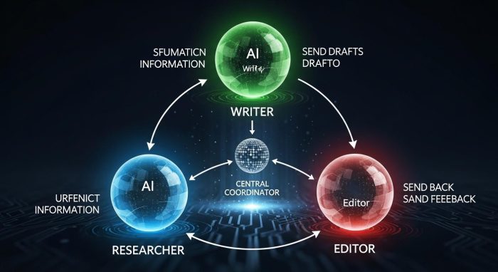 複数の専門AIエージェントが連携するマルチエージェントシステムの図解