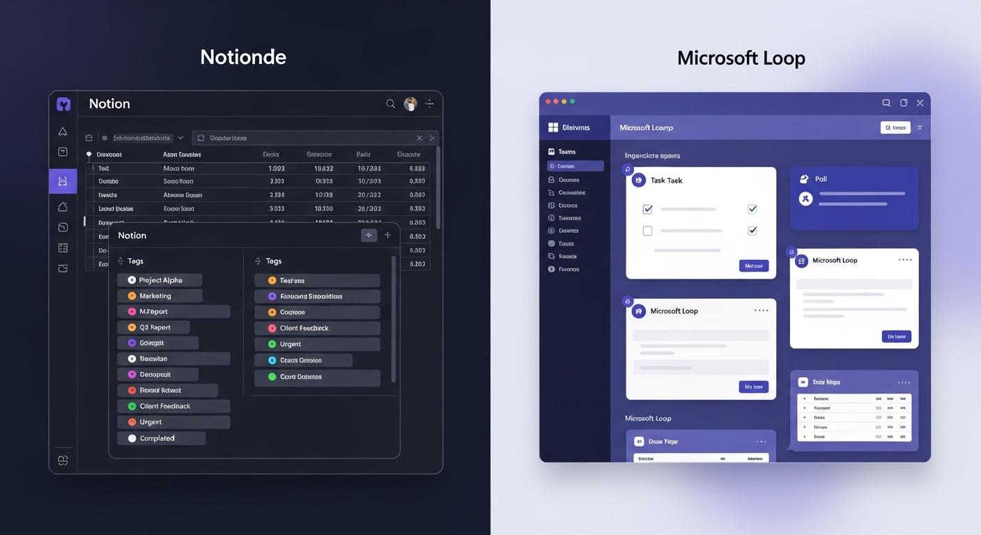 NotionとMicrosoft Loopの機能を比較した視覚的なイメージ画像
