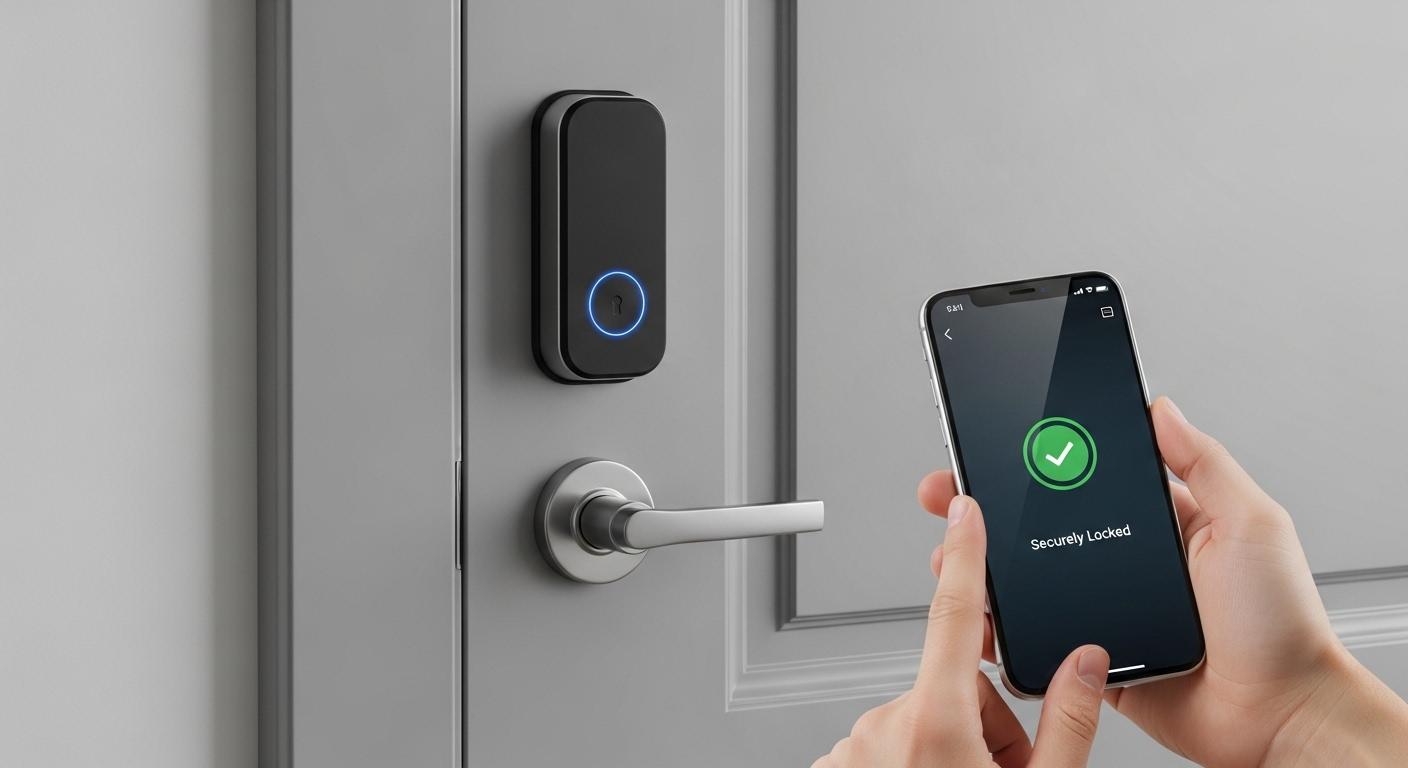 賃貸マンションの玄関ドアに設置されたスマートロックと操作用スマートフォンのイメージ