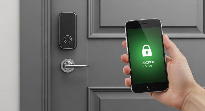 賃貸マンションの玄関ドアに設置されたスマートロックと操作用スマートフォンのイメージ