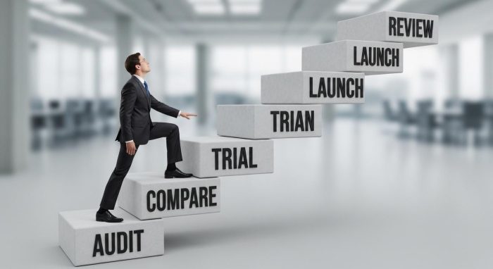 システム導入の6ステップを示した階段のイラスト