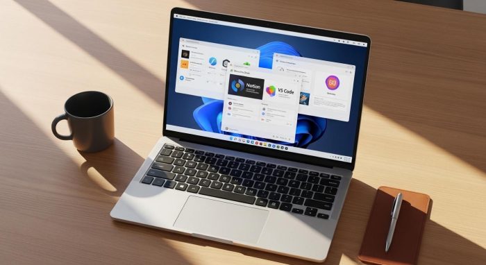 Windows 11のクリーンなデスクトップとアプリ導入のイメージ