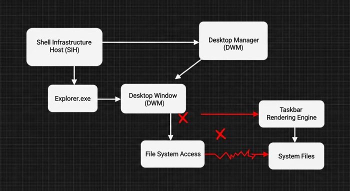 Windows 11内部のエクスプローラーとタスクバー描画の関係図