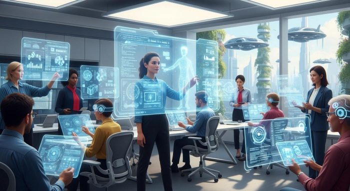 デバイスを手に、AIと繋がる人々が明るい未来へ向かうイメージ