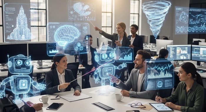 カスタマイズされたAIエージェントと協力するビジネスチーム