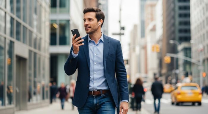 外出先でワイヤレスイヤホンを使いChatGPTと会話するビジネスマン