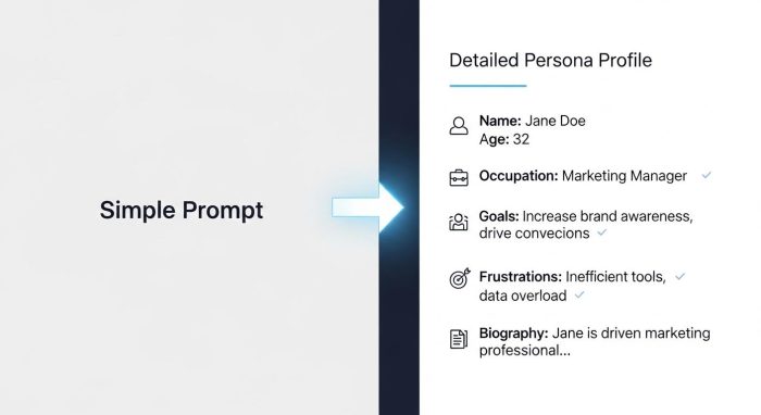 ChatGPTへの詳細な指示とその出力結果であるペルソナカードの比較図