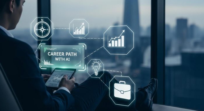 AI（ChatGPT）を活用して未来のキャリアパスを描くビジネスパーソンのイメージ