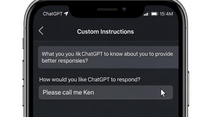 ChatGPTのカスタム指示画面で呼び名を入力しているスマホ画面