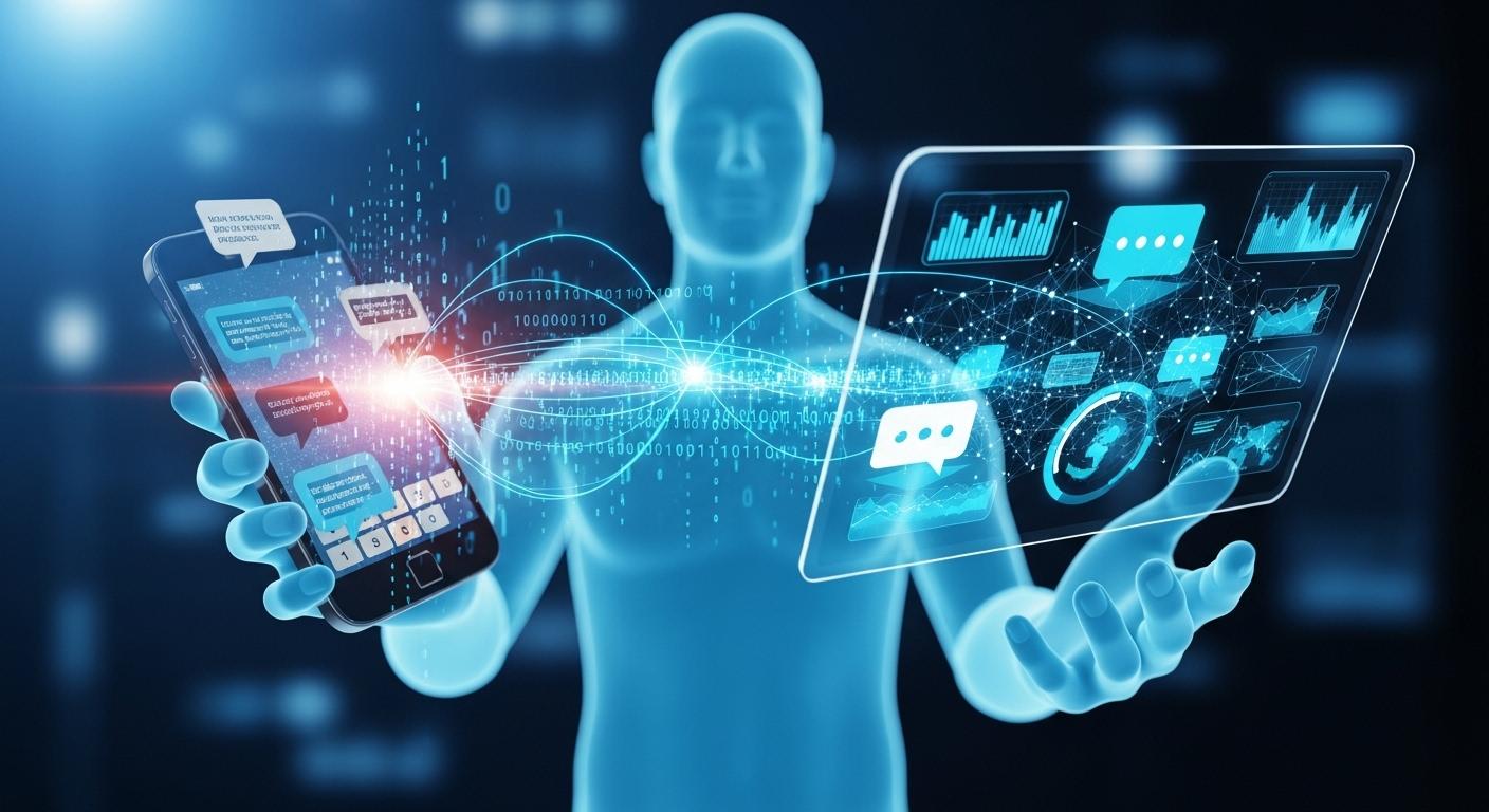 ChatGPTの会話履歴データを新しいデバイスへ引き継ぎしているデジタルイメージ