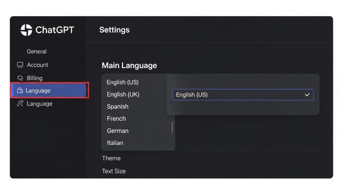 ChatGPTのメイン言語設定をマニュアルで変更する画面
