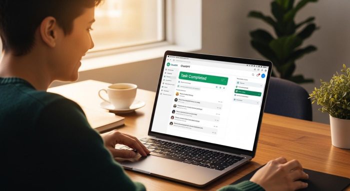 MacでAIを活用して効率的に仕事を終えたユーザーの様子