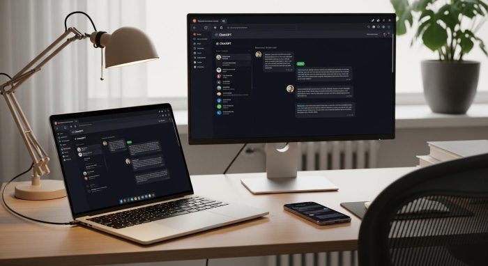 PCとスマートフォンの両方でChatGPTの音声機能を使い分けているデスク風景