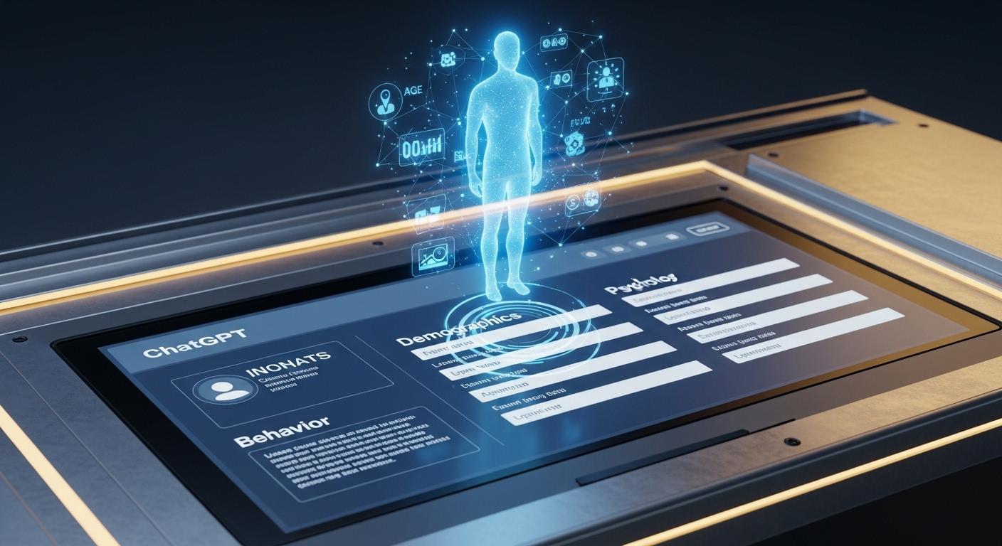 ChatGPTで構築された詳細な顧客ペルソナのホログラムとテンプレート画面