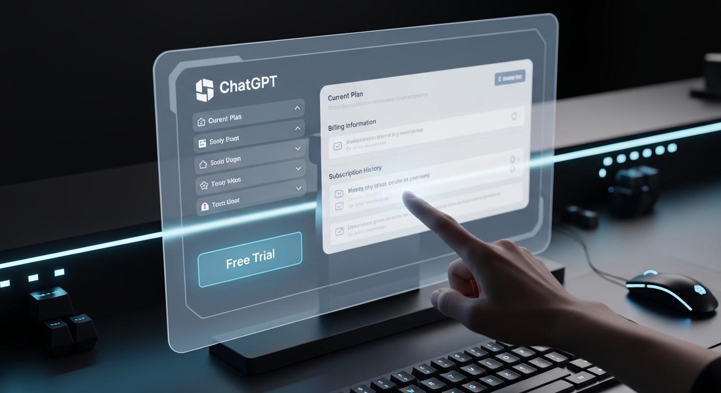ChatGPT Plusの無料トライアル申し込みと解約設定を行うデジタル画面のイメージ