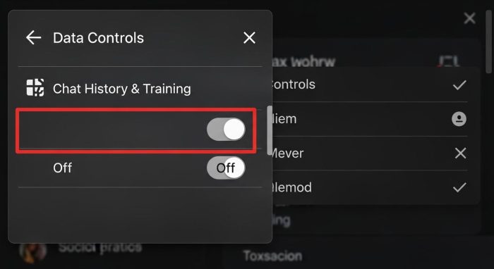 controls-training	ChatGPTのデータ管理画面で学習オフ設定が有効な様子