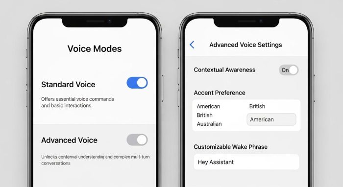 ChatGPTの設定画面で標準モードと高度な音声モードを比較している様子