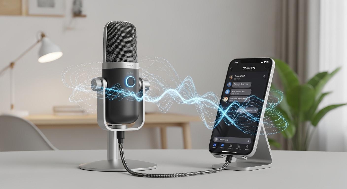 ChatGPTの音声入力を高い精度で行うためのマイクとスマホのイメージ