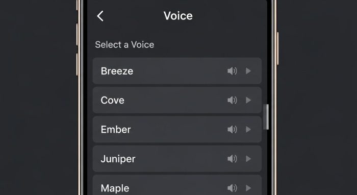 ChatGPTアプリの設定画面に表示されたボイスの選択リスト