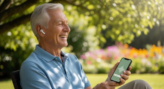 AIコンパニオンと楽しそうに会話する高齢の男性