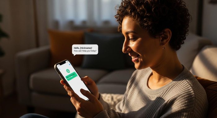 設定したニックネームでAIに挨拶され、笑顔になるユーザー