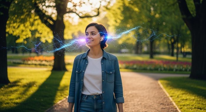 散歩をしながらワイヤレスイヤホンでAIと音声会話を楽しんでいるユーザー