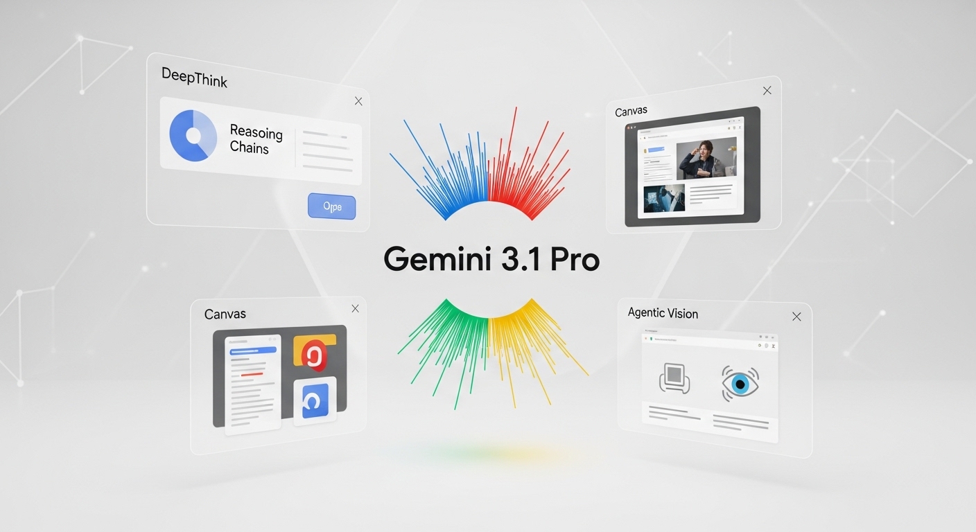 Google Gemini 3.1 Proの機能（DeepThink、Canvas、エージェント機能）を象徴するメインビジュアル