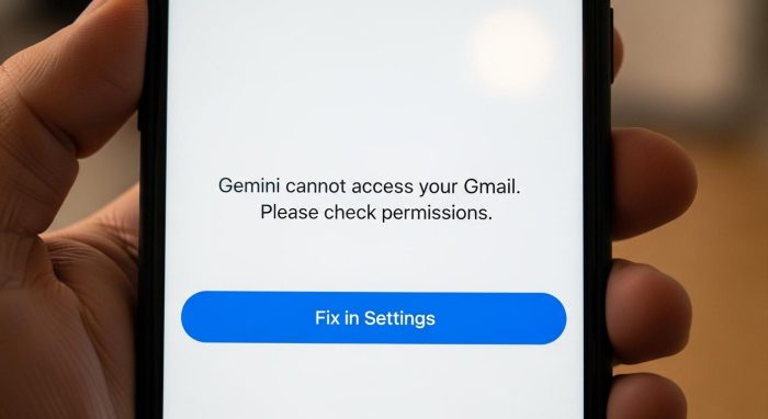 Geminiのアプリ連携エラー画面と設定変更ボタン