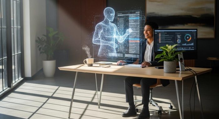 AIアシスタントと共に効率的に仕事を進めるビジネスパーソンの様子