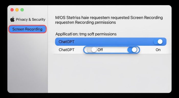 macOSの設定でChatGPTに画面収録の権限を与える様子