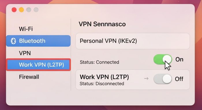 Macのシステム設定でVPNをオフに切り替える様子