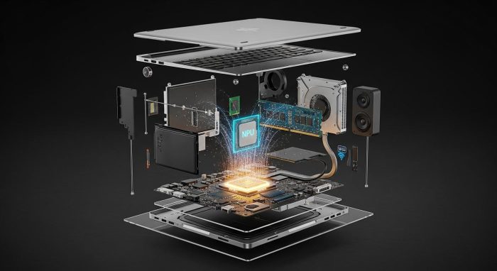 ChatGPTの動作速度を支えるCPU、NPU、メモリ、SSDのパーツ図解イメージ