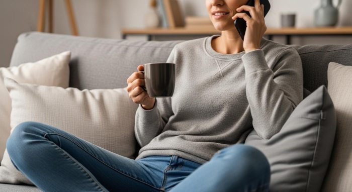 自宅のソファでリラックスしながらAIと英会話の練習をする人