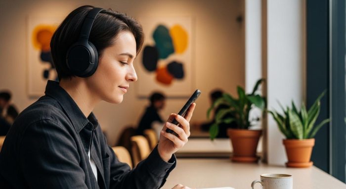 静かな環境でChatGPTと音声会話を楽しんでいるユーザー