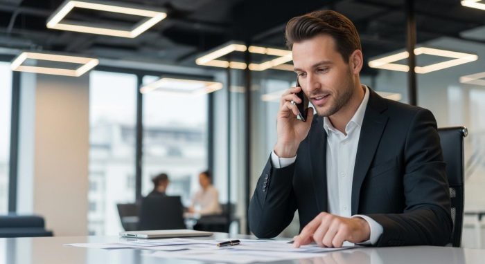 オフィスでChatGPTを音声アシスタントとして活用している会社員の様子