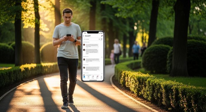 イヤホンをして歩きながらChatGPTの音声を聞いている人