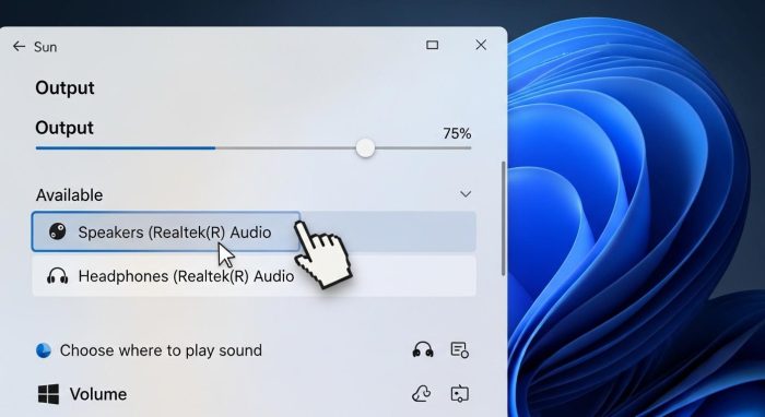Windowsの設定画面で音声出力デバイスを選択している様子