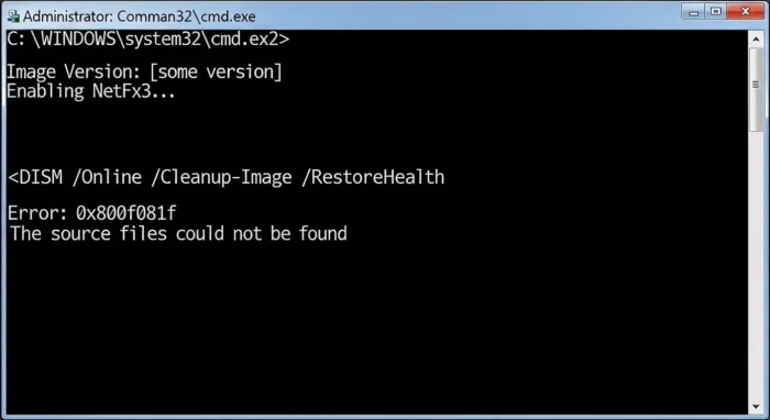 DISM実行時にソースが見つからないというエラーメッセージが表示された画面