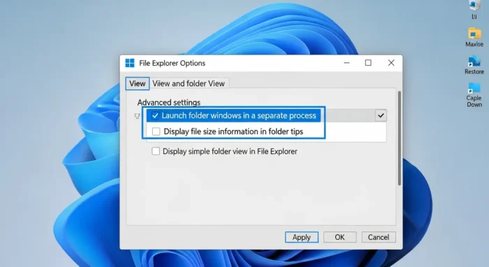 別のプロセスでフォルダーウィンドウを開く設定の変更画面
