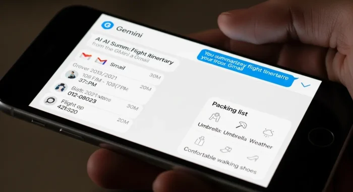 Gmailの情報を参照して旅行の準備を提案するGeminiの画面