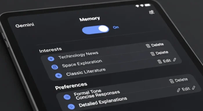 Geminiのメモリー機能をオン・オフ設定するユーザーインターフェース