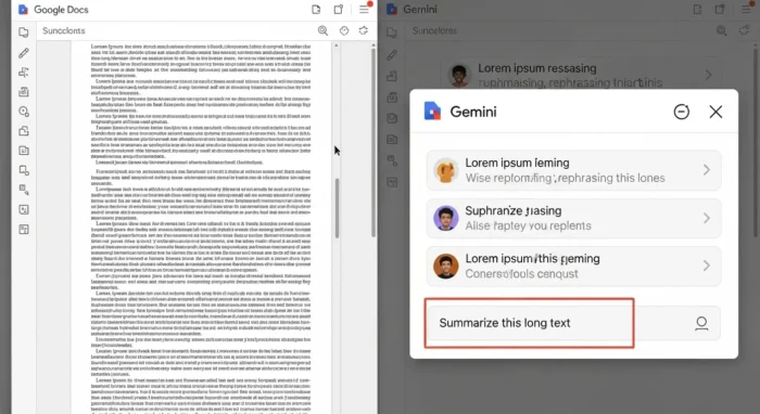 Googleドキュメントの右側にあるGeminiサイドパネルのインターフェース
