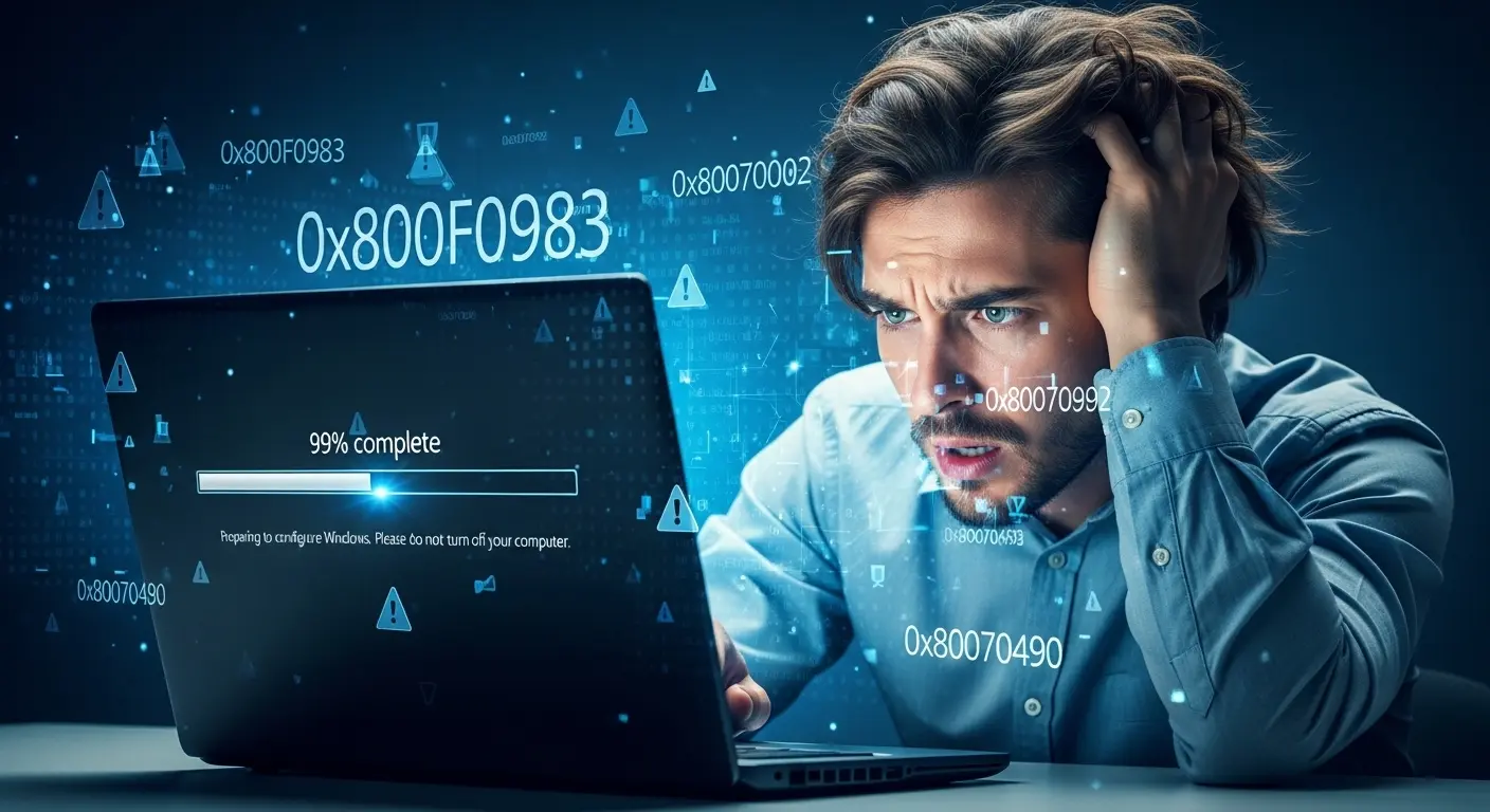 Windows Updateの更新画面が99パーセントで止まり困っているユーザーの様子