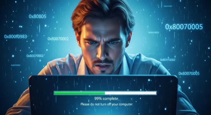 Windows Updateの更新画面が99パーセントで止まり困っているユーザーの様子