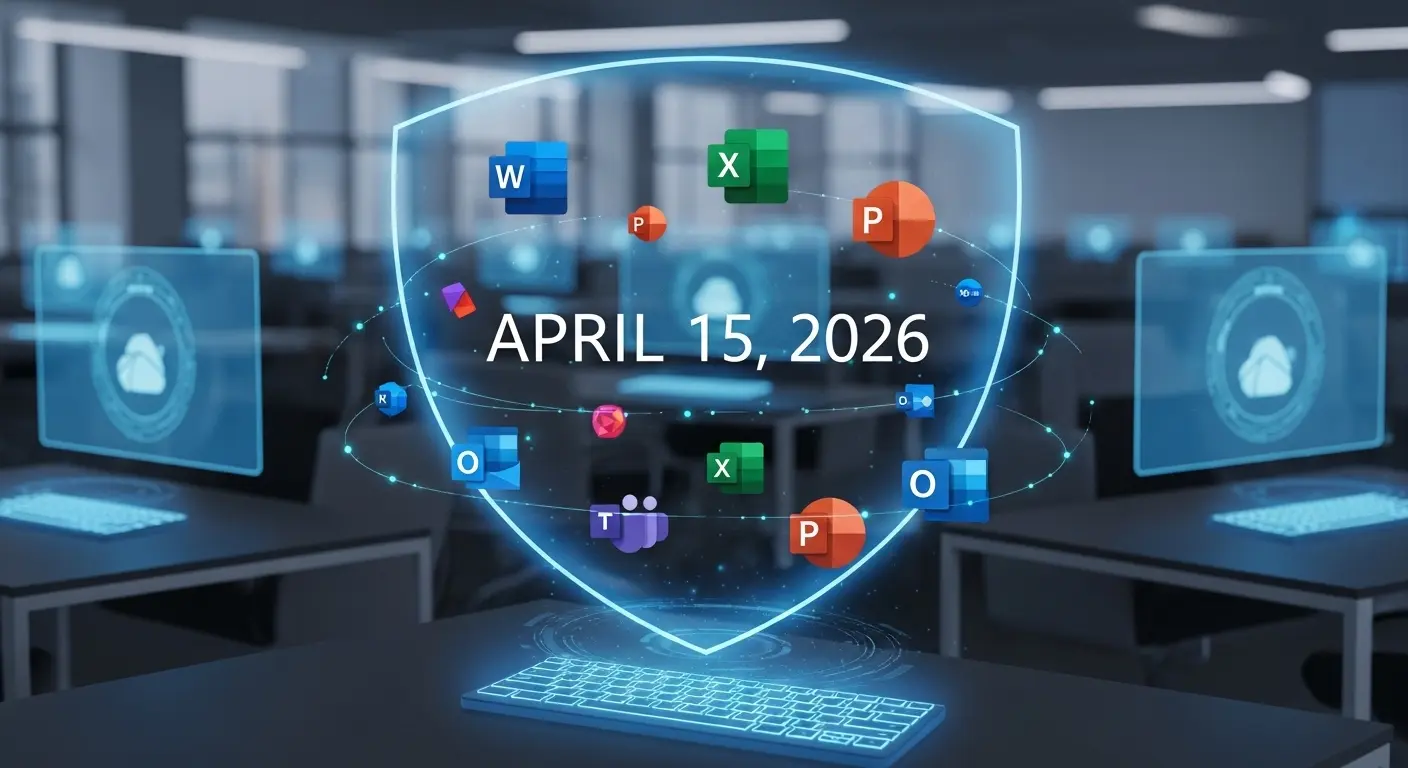 2026年4月15日のMicrosoft 365 Copilot仕様変更をイメージしたデジタルグラフィック